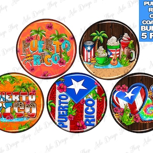 May include: Set of five 3-inch round car coasters featuring Puerto Rican themes. The designs include a Puerto Rican flag, a tropical scene with palm trees, and a heart with the Puerto Rican flag. The coasters are made of durable materials and are perfect for protecting your car's surfaces from spills and scratches.