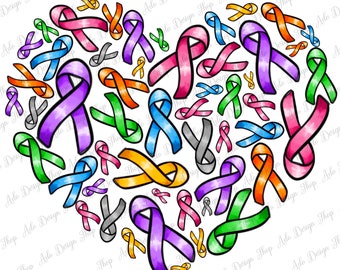 Cancer ribbon heart png sublimation design download, Cancer Awareness png, colorful Cancer ribbon png, find a cure png, sublimate download