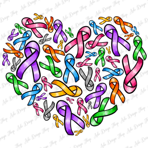 Cancer ribbon heart png sublimation design download, Cancer Awareness png, colorful Cancer ribbon png, find a cure png, sublimate download