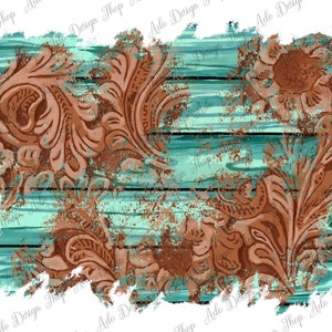 May include: A digital paper design featuring a distressed turquoise wood background with a brown floral pattern. The design has a rustic and vintage aesthetic.