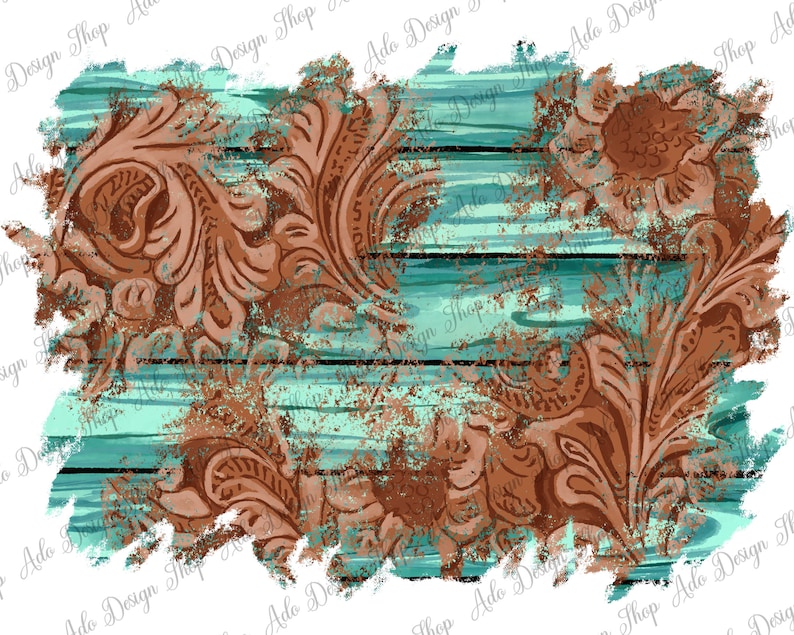 May include: A digital paper design featuring a distressed turquoise wood background with a brown floral pattern. The design has a rustic and vintage aesthetic.