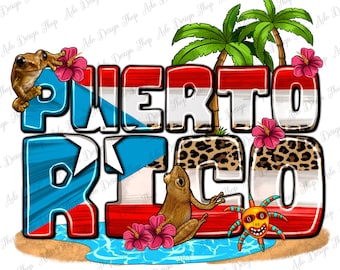 Puerto Rico and flowers with frog png sublimation design download, western Puerto Rico png, Summer vibes png, sublimate designs download