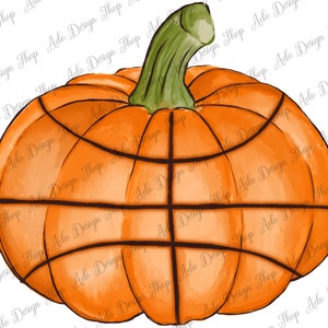 May include: A watercolor illustration of an orange pumpkin with a basketball pattern. The pumpkin has a green stem and is painted in a realistic style.