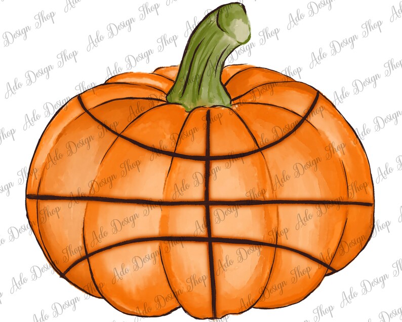 May include: A watercolor illustration of an orange pumpkin with a basketball pattern. The pumpkin has a green stem and is painted in a realistic style.