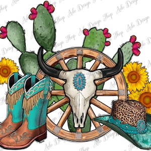 May include: A western-themed design featuring a turquoise and brown cowboy boot, a brown cowboy hat with a leopard print band, a white cow skull with turquoise accents, and a wooden wagon wheel. The design is surrounded by green cactus plants and yellow sunflowers.