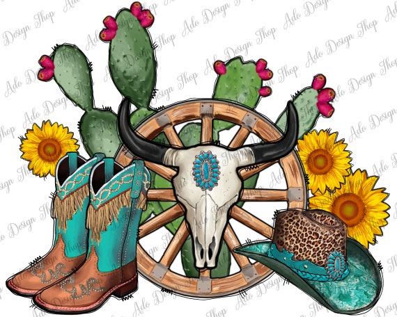 Wooden Wheel And Bull Skull Png Sublimation Design, Cowboy Boots Png, Cowboy Hat Png, Wooden Wheel Png, Bull Skull Png, Instant Download