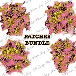 May include: A digital download of four patches featuring a pink and gold glitter background with a leopard print and yellow sunflowers. The text "PATCHES BUNDLE" is in the center of the image.