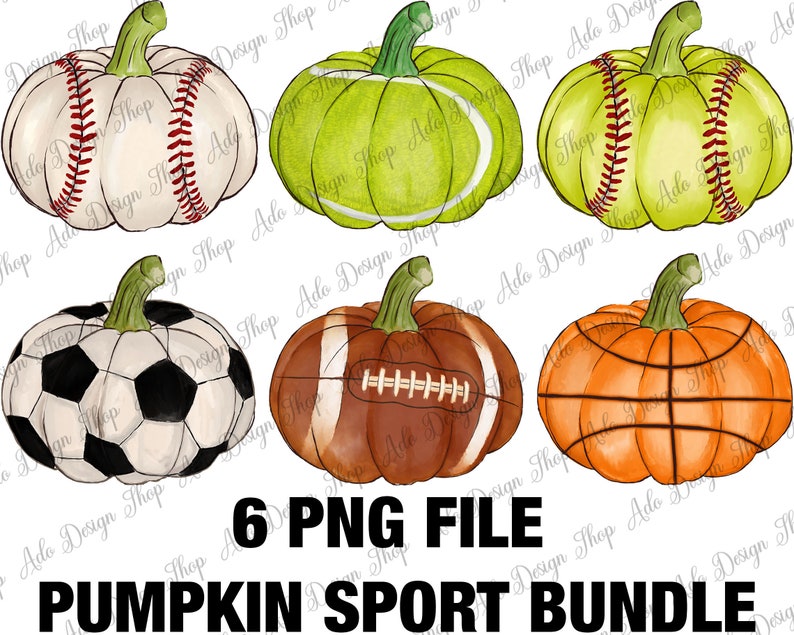 May include: Six digital illustrations of pumpkins with different sports themes. The pumpkins are painted in watercolor style and feature a baseball, soccer ball, football, basketball, tennis ball, and softball.