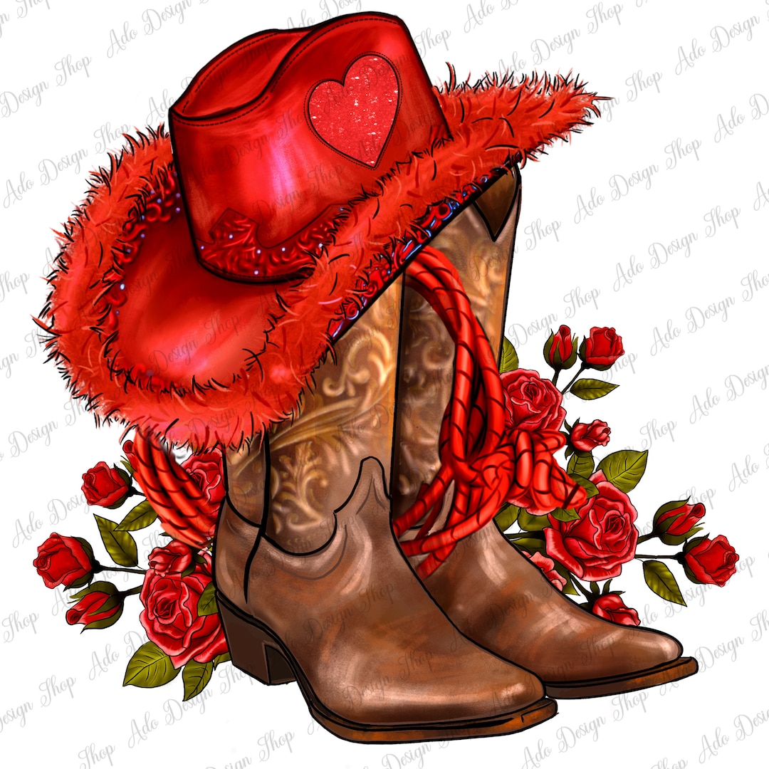 Valentine's Day Red Boots Cowgirl Hat and Roses Png, Happy Valentines ...