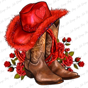 Puede incluir: Sombrero vaquero rojo con un diseño de corazón y un borde de pelo, combinado con botas vaqueras marrones y rosas rojas.