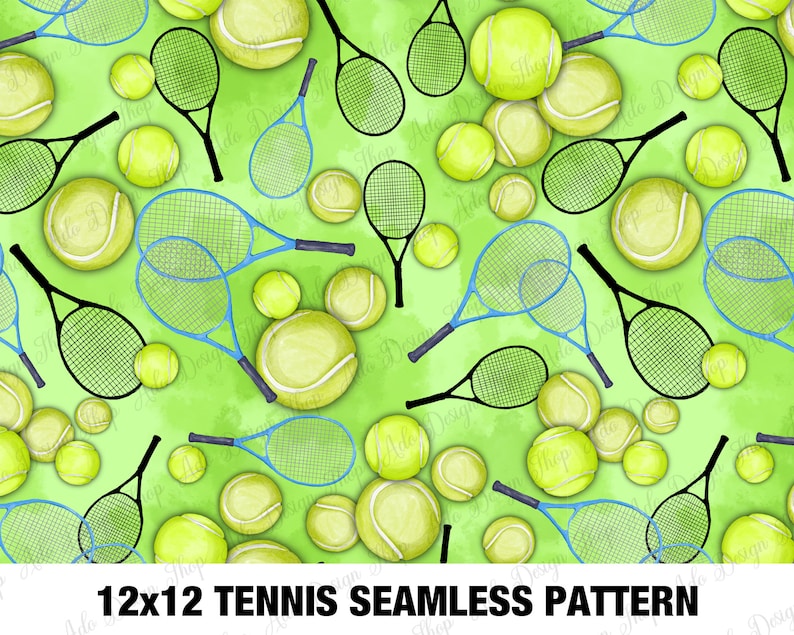 Puede incluir: Un patr&oacute;n sin costuras con pelotas de tenis verdes y raquetas de tenis negras y azules sobre un fondo verde acuarela. El patr&oacute;n es de 12x12 pulgadas.