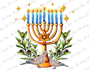 Chanuka Świecznik Png Sublimacja Projekt, Happy Hanukkah Png, Chanuka Png, Gołąb Pokoju i Gałązka Oliwna Png, Żydowski Png, Natychmiastowe Pobieranie