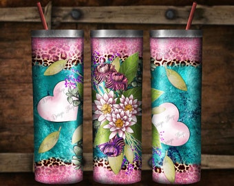 Leopard Sunflower Heart 20oz Skinny Tumbler PNG, Valentine&#39;s Day Tumbler Png, Western Tumbler Png, Glitter, Png Sublimation,Instant Download