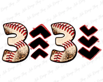 Puede incluir: Un diseño digital que presenta el número 33 con un patrón de béisbol y estampado de leopardo. El número está rodeado de flechas negras en forma de chevron.