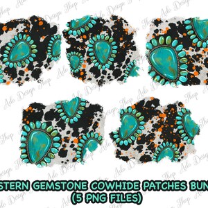 May include: Five digital clipart images of turquoise gemstone cowhide patches with black and white cowhide patterns and orange splatters.  WESTERN GEMSTONE COWHIDE PATCHES BUNDLE (5 PNG FILES)
