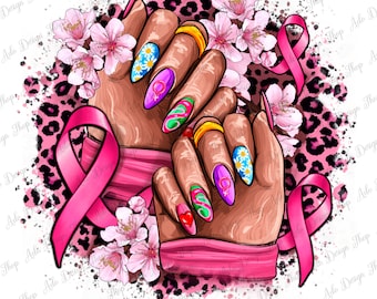 Könnte beinhalten: Ein Paar Hände mit langen, bunten, verzierten Fingernägeln. Die Hände halten rosa Bänder, die ein Symbol für das Bewusstsein für Brustkrebs sind. Der Hintergrund ist ein rosa-schwarzer Leopardenprint.