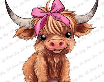 May include: A cute cartoon Highland cow with brown fur and a pink bow. The cow has big brown eyes and a pink nose. The cow is sitting on a white background.