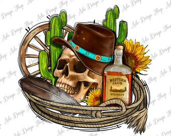 Cowboy cactus sunflowers whiskey png sublimation design download, western skull png, cowboy skull png, sublimate designs download