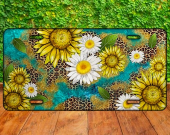 Western Daisy Licence Plate Sublimation Design, Leopard License Plate, Daisy and Sunflower License Plate, Western License Plate Png