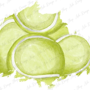May include: A watercolor painting of a group of green tennis balls with white seams. The balls are arranged in a cluster and have a soft, textured appearance.