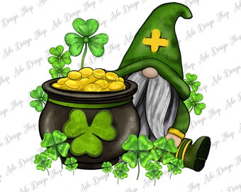 St. Patrick's Gnome And Pot Of Gold Png Sublimation Design,St. Patrick's Day Png,St. Patrick's Day Gnome With Gold And Clovers Png Downloads