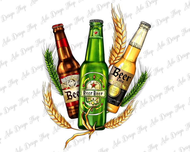 May include: Three beer bottles with gold wheat stalks. The bottles are green, brown, and yellow. The green bottle has a label that says "Beer Beer". The brown bottle has a label that says "Beer". The yellow bottle has a label that says "Beer Extra".