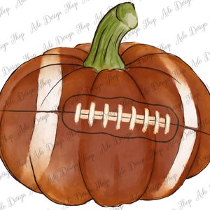 May include: A watercolor illustration of a pumpkin painted to look like a football. The pumpkin is brown and white with a green stem.