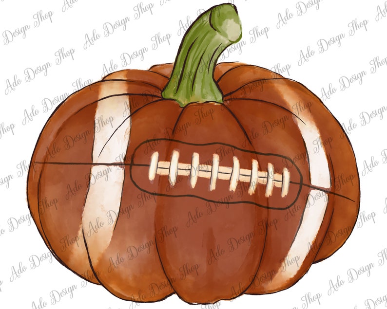 May include: A watercolor illustration of a pumpkin painted to look like a football. The pumpkin is brown and white with a green stem.
