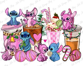 Stitch and Lilo pink Christmas coffee cups png sublimation design download, Christmas Stitch png, Lilo png, coffee love png,designs download