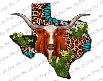 Longhorn Texas karta png sublimeringsdesign, solros Texas png, Texas karta png, leopard Texas karta png, kaktus png, solros png, omedelbar nedladdning