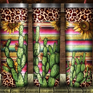 Serape Leopard Sunflower Cactus 20oz Skinny Tumbler Png Sublimation Design, Western Cactus Tumbler, Western Serape Png, Instant Download