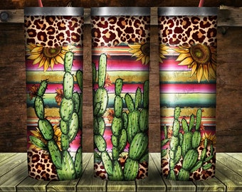 Serape Leopard Sunflower Cactus 20oz Skinny Tumbler Png Sublimation Design, Western Cactus Tumbler, Western Serape Png, Instant Download