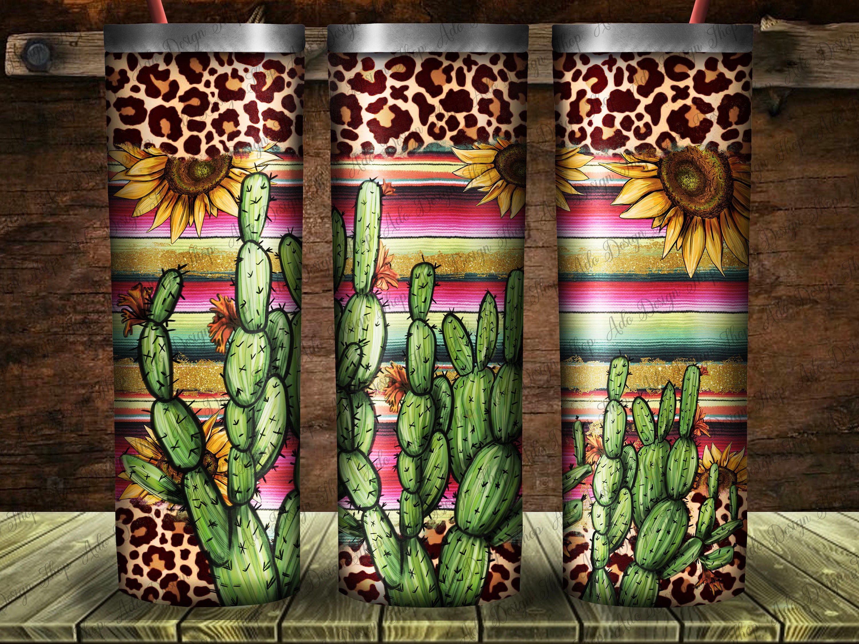 Serape Leopard Sunflower Cactus 20oz Skinny Tumbler Png