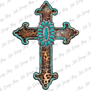 Western Turquoise Cross Png Sublimation Design, Gemstone Cross Png, Western Cross Png, Cross Png, Leopard Cross Png, Instant Download
