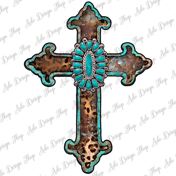 Western Turquoise Cross Png Sublimation Design, Gemstone Cross Png, Western Cross Png, Cross Png, Leopard Cross Png, Instant Download