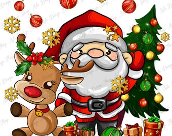 Santa and Reindeer png sublimation design download, Merry Christmas png, Happy New Year png, Reindeer png, sublimate designs download