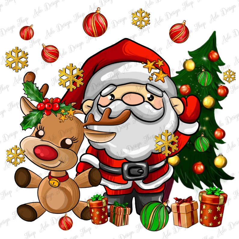 Pode incluir: Papai Noel e uma rena est&atilde;o em frente a uma &aacute;rvore de Natal. Papai Noel est&aacute; vestindo um terno vermelho com barba branca e um chap&eacute;u vermelho. A rena &eacute; marrom com o nariz vermelho e chifres. A &aacute;rvore de Natal &eacute; verde com enfeites vermelhos e dourados. H&aacute; presentes embrulhados em papel vermelho e verde na parte inferior da &aacute;rvore.