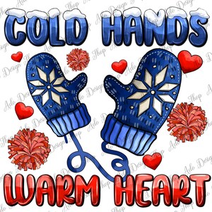 以下が含まれることがあります： 雪の結晶のデザイン、赤いポンポン、そして「COLD HANDS WARM HEART」というテキストが書かれた青と白のミトン。