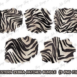 Könnte beinhalten: Fünf digitale Cliparts von abgenutzten, zerrissenen, schwarz-weißen Zebra-Muster-Patches. Die Patches sind perfekt, um Ihren digitalen Designs ein Western- oder Safari-Thema zu verleihen.