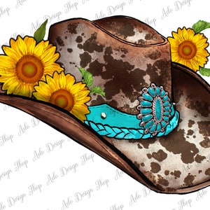 May include: A brown cowboy hat with a turquoise and blue band and a turquoise stone embellishment. The hat is decorated with sunflowers and has a brown and white cowhide pattern.