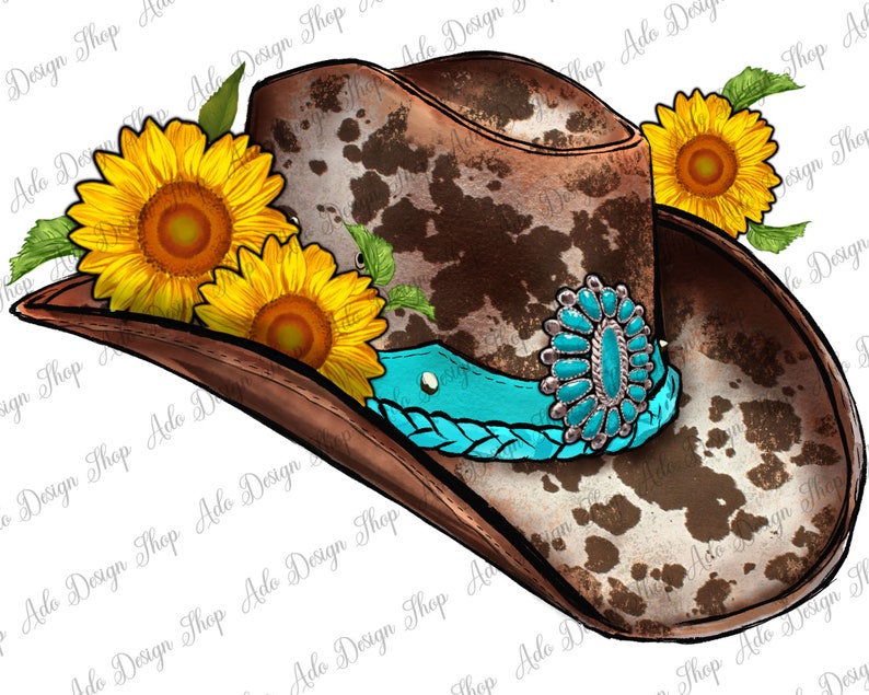 May include: A brown cowboy hat with a turquoise and blue band and a turquoise stone embellishment. The hat is decorated with sunflowers and has a brown and white cowhide pattern.