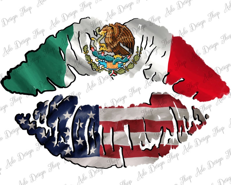 Op de afbeelding: Een digitale illustratie van een rood, wit en blauwe Amerikaanse vlag en een groene, witte en rode Mexicaanse vlag in de vorm van lippen. De vlaggen zijn licht vervaagd en hebben een aquareleffect.