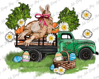 May include: An Easter-themed illustration featuring a brown bunny with a pink bow riding in the back of a green truck. The truck bed is filled with carrots and daisies. Easter eggs and a basket are in the foreground.