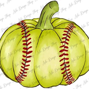 May include: A green and yellow pumpkin with red stitching, resembling a softball. The pumpkin is painted in a watercolor style.