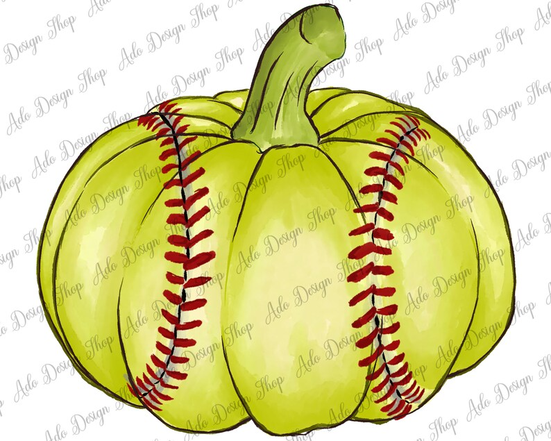 May include: A green and yellow pumpkin with red stitching, resembling a softball. The pumpkin is painted in a watercolor style.