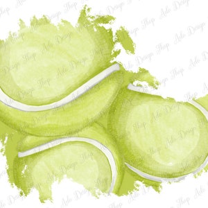 May include: A watercolor illustration of three green tennis balls with white seams. The balls are arranged in a cluster and have a slightly textured appearance.