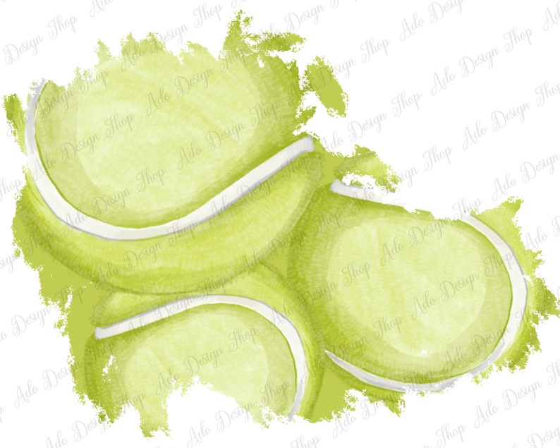 May include: A watercolor illustration of three green tennis balls with white seams. The balls are arranged in a cluster and have a slightly textured appearance.
