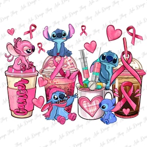 Breast Cancer stitch coffee cups png sublimation design download, Breast Cancer png, cute Stitch png, coffee cups png, designs download