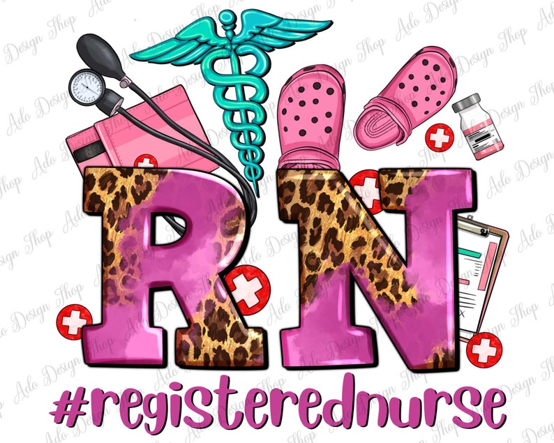 K&ouml;nnte beinhalten: Rosa und Leopardenmuster-Buchstaben, die "RN" buchstabieren, mit einem medizinischen Caduceus, einem Stethoskop, einem Blutdruckmessger&auml;t, einer Pillenflasche und einer Klemmbrett. Der Text "#registerednurse" befindet sich unter den Buchstaben.