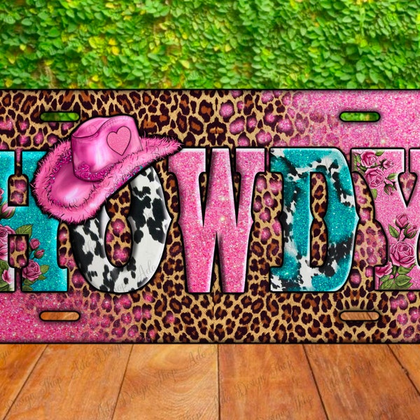 Western Pink Howdy Licence Plate Sublimation Design, Howdy License Plate, License Plate Png, Western License Plate Design Downloads